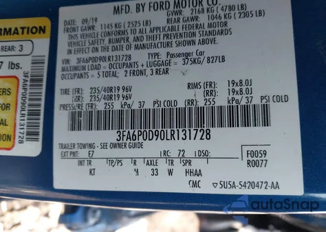 2020 Ford Fusion Titanium from USA, damaged, VIN 3FA6P0D90LR131728